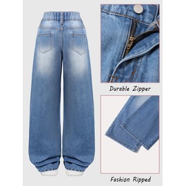 Fulihug Girls Wide-Leg Baggy Jeans High Waist Light Wash Casual Denim Trousers Cute Y2K Streetwear Size 7-8