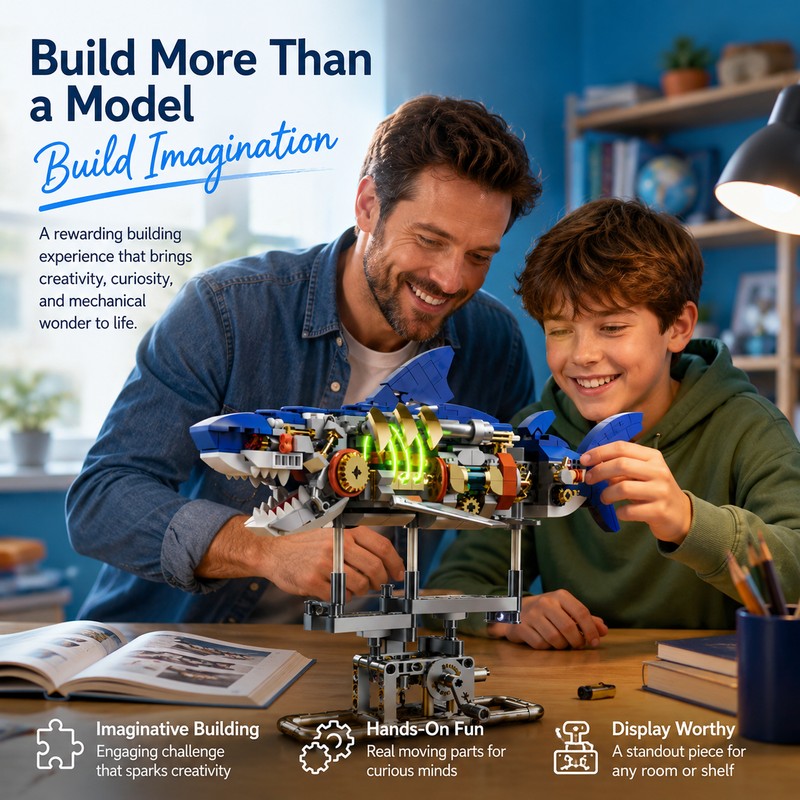 Mechanical Shark Building Set for Creative Play – 687-Piece Light-Up