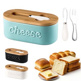 Bunnycare Butter Dish with Lid, Large Butter Dish for Countertop, Ceramic Butter Holder for Counter with Knife for Easy Cutting, Silicone seals for better freshness, for kitchen (Green, elliptical)