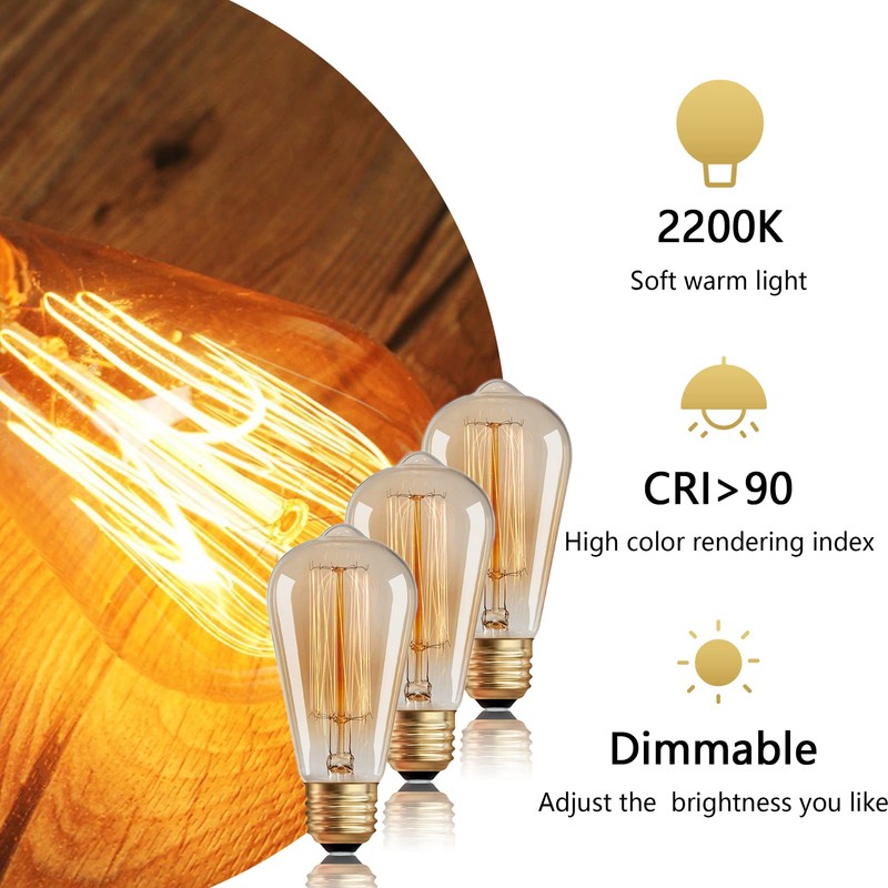 Kellarosses ST64 Incandescent Edison Bulbs 60W 6-Pack, 2200K Warm Amber