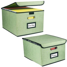 Desihum Collapsible File Organizer Box, filing Storage boxes for hanging files with lid, Linen Portable file folder box with handle, Decorative Document Storage Bin for Office/Home/School/Décor(Green)