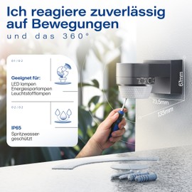 HUBER Motion 100 Infrared Motion Sensor 360° with 4 Sensors and Fresnel Lens - IP65 Motion Sensor LED Suitable I Includes Anti-Creep Protection & Area Limiting, Wall/Ceiling Mounting, Anthracite