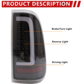 Full LED Tail Light Assembly Compatible With 2008-2016 Ford F250 F350 F450 Super Duty Passenger and Driver Side C-Type Tube Brake Lights Pair Left+Right Black Taillights