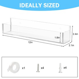VAEHOLD Adhesive Acrylic Spice Rack with Nano Double Sided Tape Wall Mount Organizer Wall Spice Rack With Shelf Ends for Kitchen Cabinet Door - 2 Pack 12'' Shelves (White)