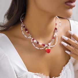 Y2K Layered Pearl Choker Necklace for Women Crystal Beaded Strawberry Pendant Necklace Vintage Bow Heart Cross Choker Butterfly Tassel Chain Dainty Jewelry Gift (Strawberry)