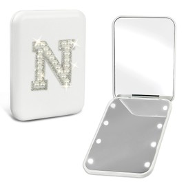 Aganmi Small Travel Makeup Mirror with Lights Pearl Initial 1X/2X Magnification LED Pocket Mirror Cute Folding Compact Mirror Preppy Mom Sister Birthday Gifts Teen Girl Trendy Stuff White N