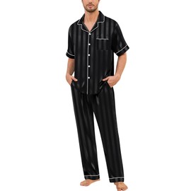 SWOMOG Mens Silk Pajamas Set Satin Pj Set Short Sleeve Sleepwear Button Down Lounge Set with Drawstring & Pockets S-3XL Black Stripe X-Large