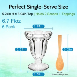 QAPPDA 6 Pack Glass Tulip Sundae Cups, 6.7 Ounce Clear Milkshakes Footed Ice Cream Cups Dessert Bowls, Thick and Durable Parfait Glasses, Ice Cream Bowls, Dishwasher Safe Sundae Glasses