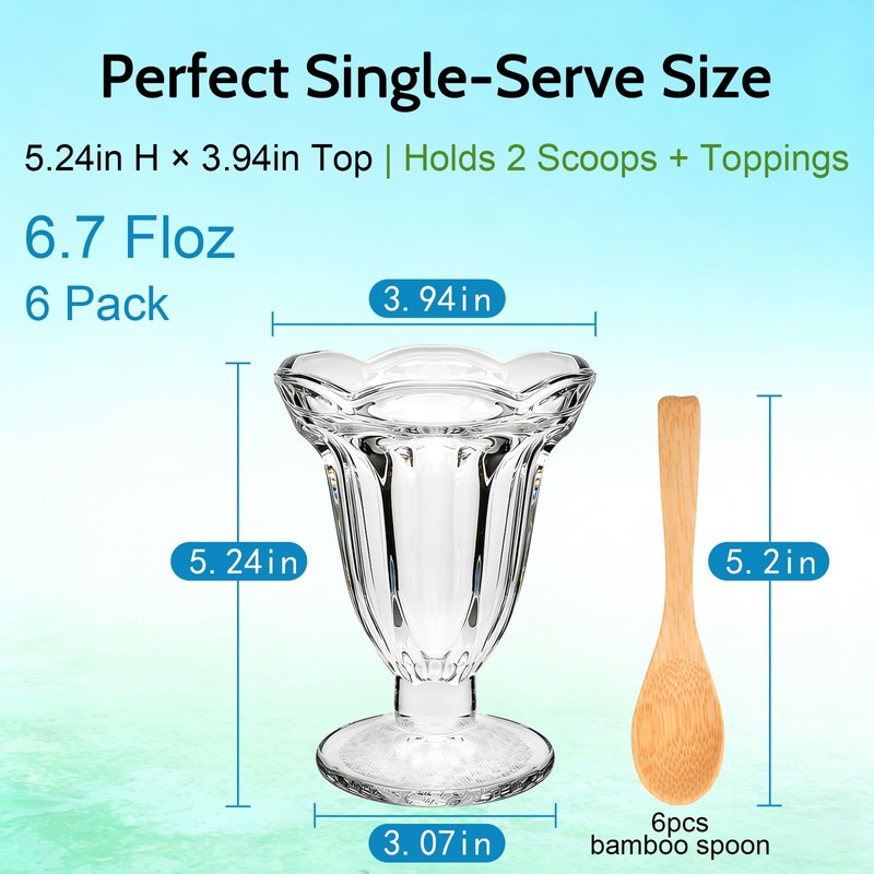 QAPPDA 6 Pack Glass Tulip Sundae Cups, 6.7 Ounce Clear