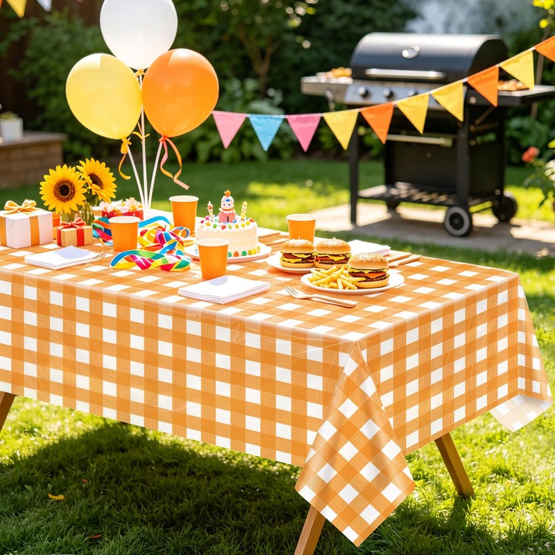 4 Pack Orange Gingham Tablecloths for Birthday Party Fall Thanksgiving