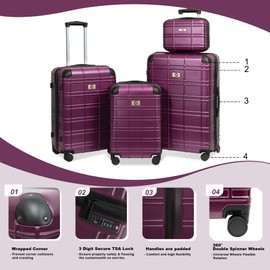 ESPIDOO ABS+PC Hardshell Luggage Set: 4-Piece Lightweight Durable Suitcases with Spinner Wheels & TSA Lock (12/20/24/28) - Modern Purple Travel Luggage for Business & Vacation - 360° Mobility & Secure