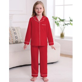 Veseacky Ultra Soft Sleepewear for Girls Long Sleeve Sleepshirt & Pants Kids Pajamas Red, 130 7-8 Years