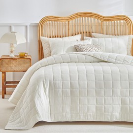 WARMDERN Linen Cotton Quilts Set Twin Size, 100% Cotton White Quilt Bedspreads with Box Stitched, 2 Pieces Soft Lightweight Bedspreads Coverlet with 1 Pillow Shams for All Season,Cream White, 68x86