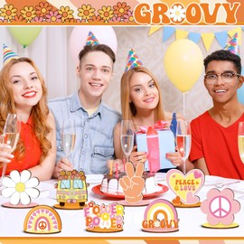 RattanView 12 Pcs Groovy Party Decorations Bohemian Wooden Centerpieces for Tables Retro Hippie Party Decor Two Groovy Decorations Rainbow Daisy Boho Table Topper for 60s 70s Birthday Baby Shower