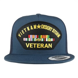 Armycrew 5 paneles Vietnam and Desert Storm Veteran Patch Flatbill Mesh Snapback, Azul marino/flor y brillo, Talla única