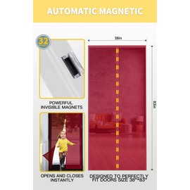 Screen Door 38"x83" Solid Red Door Screen Magnetic Closure, Pure Color Hands Free Magnetic Screen Door for Single/Sliding/Front Door