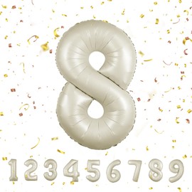 Number 8 Beige Balloons for Birthday Party Decoration, 40 Inch Giant Helium Foil Number for Boys Girls 8th Birthday, Anniversary Party Decor Supplies