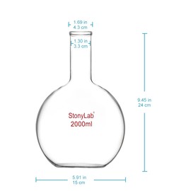 StonyLab Glass 2000ml Long Neck Flat Bottom Flask, Borosilicate Glass Heavy Wall Flat Bottom Boiling Flask with Long Neck - 2000ml (2L)