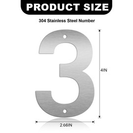 4 Inch Floating House Numbers and Metal Letters for Outdoor Signs, Modern 304 Stainless Steel Silver Address Numbers for Home, Apartment, and Garden Decor (Number 3)