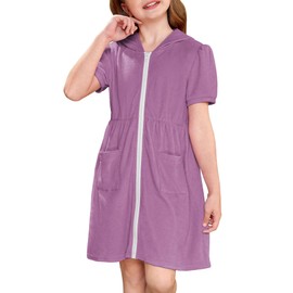 Girls Summer Swim Zip Up Cover Up with Pockets Terry Short Sleeve Towel Bathrobe Purple 10 Years