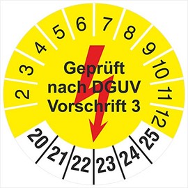 50 test labels, 18 mm, tested according to DGUV regulation 3, yellow with flash 2020-2025 test badge