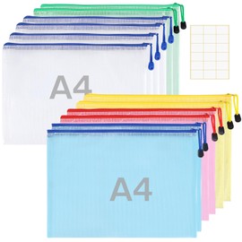 Pack of 12 Waterproof Document Wallets A4 - Zanfqvo Document Folder A4 Mesh Plastic - Bag with Zip and Labels - for File, Paper, Travel, Makeup Bag (5 Colours)