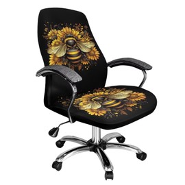 Wanyint Bee Sunflower Black Office Chair Cover for Universal Rotating Chair Printed Desk Computer Chair Cover Non-Slip High Back Chair Cover with Elastic Bottom, L