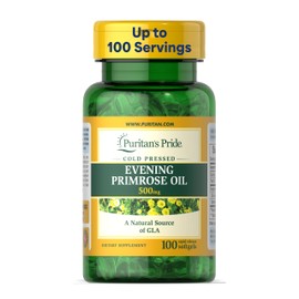 Puritan's Pride Cold Pressed Evening Primrose Oil 500 mg with GLA, Dietary Support Supplement for Womens and Skin Health, 100 Rapid Release Soft Gels
