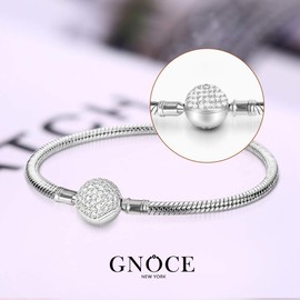 GNOCE Charm Bracelet Sterling Silver Rose Gold Plated DIY Snake Chain "Endearing Gifts For Her" Basic Charm Bracelet Dainty Bangle with Crystal Round Shape Clasp (1Silver, 7.1)