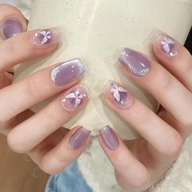 Hkanlre Cute Fake Nails Tips Purple Press on Nails Full Cover Square False Medium Butterfly Nails for Women 24PCS