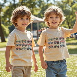 Chipeler Kids Summer Crew Neck Pullover Short Sleeve Shirts Boys Cotton Monster Truck Printed Tops Beige T-Shirts 3T