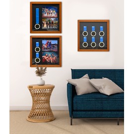 Medals Display Frame Shadow Box for 6 Medals /2 Race Photos, Solid Wood Medal Display Case, Multifunctional Medal Photo Frame for Marathon, Runner, Awards, War Military, Sport Gifts (Brown 13X13 inch）