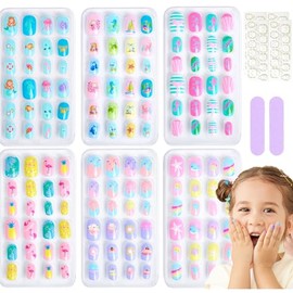 144Pcs Kids Stick on Nails - Pre-glue Full Cover Short Fake Nails for Kid - Kids False Nail Lovely Cartoon - Press on Nail for Children Girls Gift DIY Nail Art Nail Stickers (Pink Blue Green)