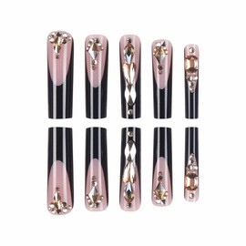 BABALAL Nails Press on Long Square Fake Nails with Glue Black French Tip Glue on Rhinestone Gold Bling Luxury 24Pcs Squoval Full Cover False Acrylic Nails Thick Supplies for Women Girls