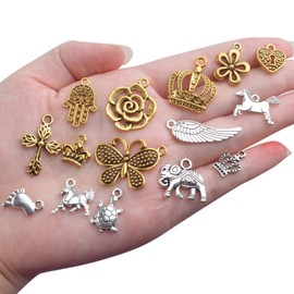 Mixed Craft Charms Pendants, About 100 Pieces Mixed Antique Silver and Gold Small Pendants Charms Jewelry Findings Making Accessory for DIY Necklace Bracelet Earrings