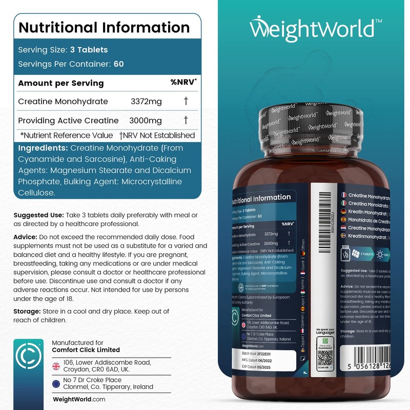 Creatine Monohydrate Tablets 3000mg - 180 Creatine Tablets - Gym