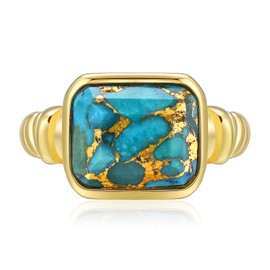 Phyonio Chunky Gold Rings for Women, Teal Turquoise Rings 14K Gold Plated Signet Ring Stainless Steel Statement Ring Band Size 6