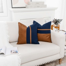 Vfuty Set of 2 Navy and Brown Decorative Throw Pillow Covers 20x20 Inch Faux Leather and Cotton Patchwork Pillow Cover,Modern Farmhouse Accent Pillow Case for Living Room Couch Bed Boho Decor