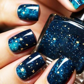 Gold Stars Press on Nails 24Pcs Milky Way Acrylic Short Square Fake Nail Starry Sky Stick on Fingernails Glossy Dark Blue Gradient False Nails Universe Gel Glue on Nail for Coquette Women Girls