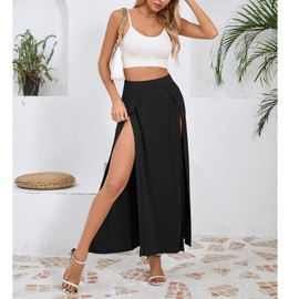 Zando Women's Plus Size Black Double Slit Maxi Skirt - High Elastic Waist Flowy Long Split Skirt XX-Large