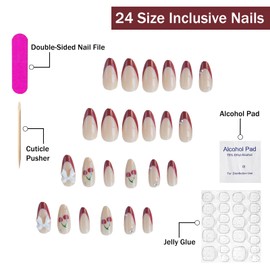 Medium Almond Press on Nails SWEKKE Red French Tip Fake Nails Bow Charm False Nails Cherry Designs Rhinestones Glossy Glue on Nails Stick on Nails Acrylic Nails for Women Girls 24 Pcs