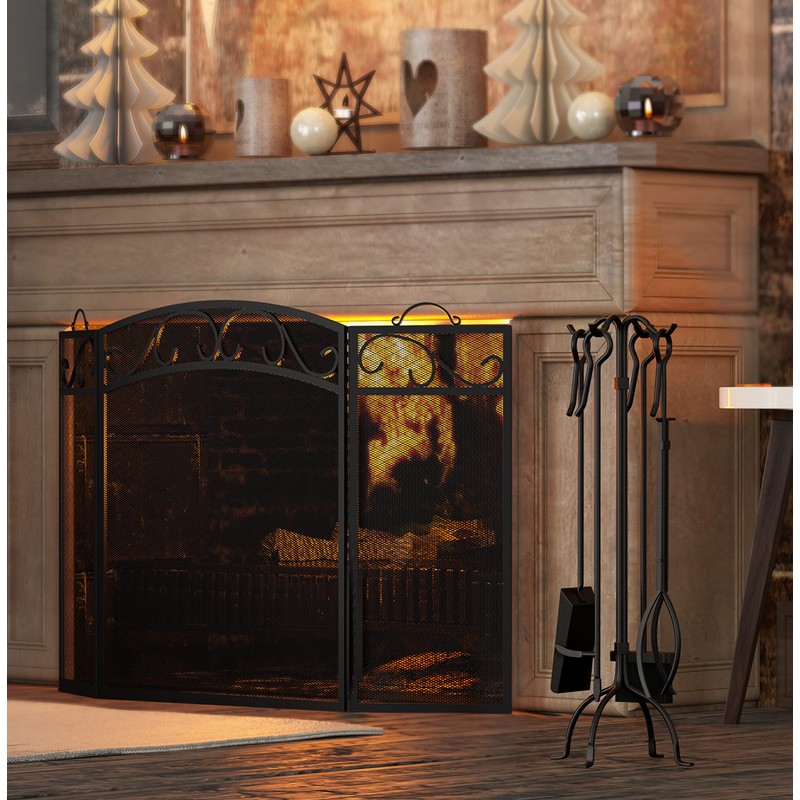 Fire Beauty Fireplace Screen 3 Panel with Handles Wrought Iron
