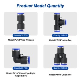 AIRZOE 80 PCS 1/4 Inch OD Push to Connect Fittings,20 Straight Tubes+20 Splitters+20 Elbows+20 Tee,Air Quick Connect Fittings Suit