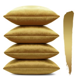 Sungeek Set of 4 Decorative Cushion Covers Solid Soft Velvet Pillow Covers with Invisible Zipper Square Throw Pillow Cases for Sofa Car Patio Bedroom Living Room 45x45cm Gold