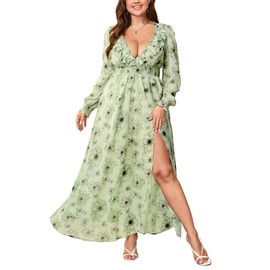 EYWOL Green Floral Dresses for Women:Long Sleeve Wedding Guest Dress - Plus Size Maxi Dresses for Curvy Women - Light Sage Green Dress