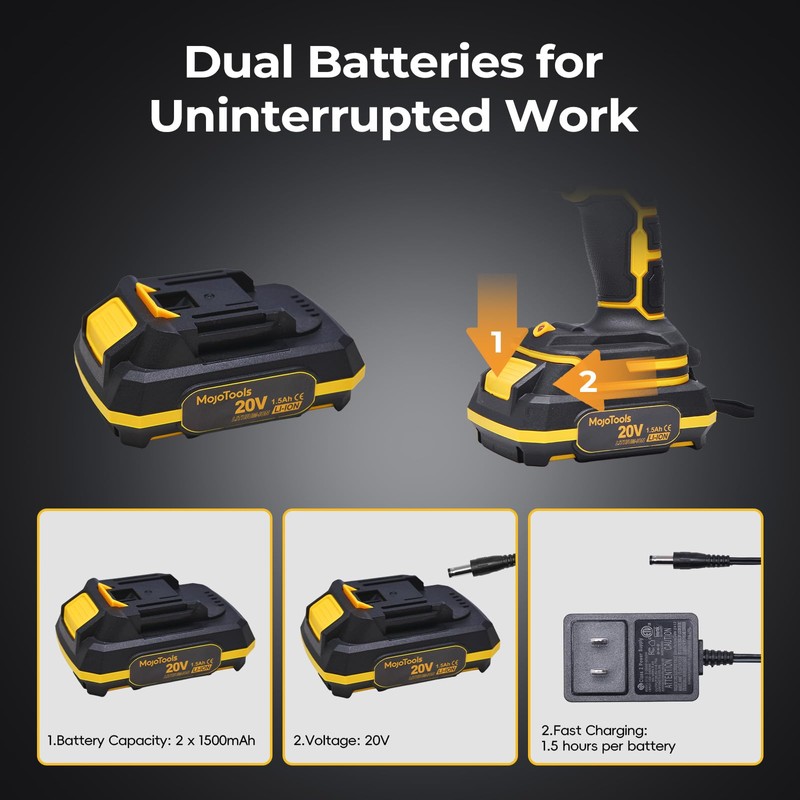 MoJoTools 20V Cordless Drill Set – 1×2.0Ah Battery, 3/8” Keyless