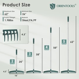 ORIENTOOLS Rake Heavy Duty, Garden Rake Heavy Duty, Yard Rake for Lawns, Rock Rake for Gardening, Bow Rake with 12 Steel Tines, 62 Inches Adjustable Long Handle for Soil Loosening, Yard Work
