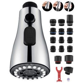 Kitchen Faucet Head Replacement with 15 Adapters - 3 Functions Pull Down Spray Head for Kitchen Faucet, Pull Out Faucet Sprayer Head Nozzle, Kitchen Sink Faucet Sprayer Head Replacement, Chrome
