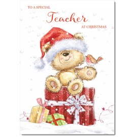 doodlecards Teacher Christmas Card Cute Bear on Parcel Medium Size Christmas Card for Teacher with Plain Envelope