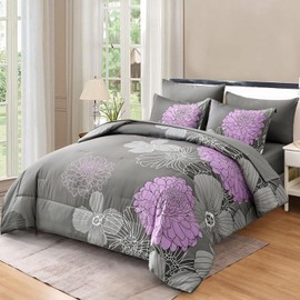 Yiran 7 Pieces Bed in a Bag Comforter Set Queen Size Grey Purple Bedding Sets Floral Soft Microfiber Comforter for All Seasons 90"×90"